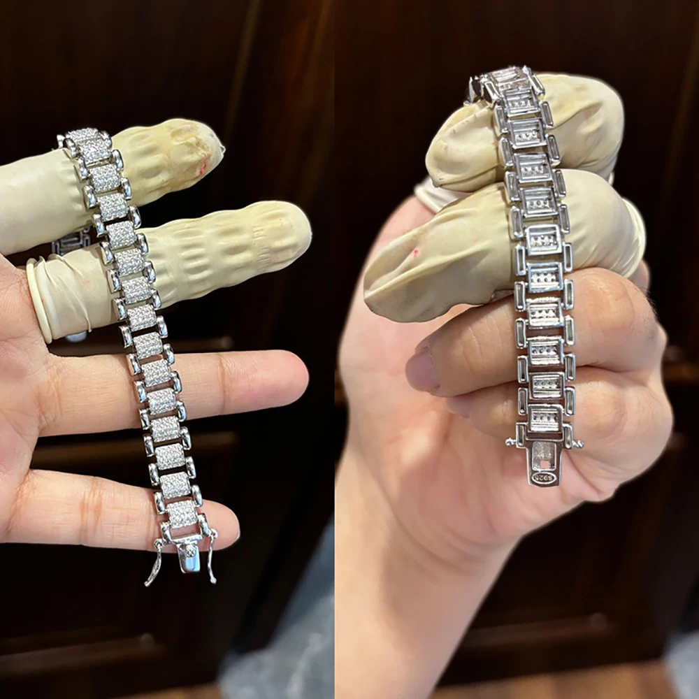 TEMGF Full Zircon/Moissanite Bracelet 8mm Width S925 Sterling Silver Unique Watch Chain for Men Women Cool Trendy Fine Jewelry