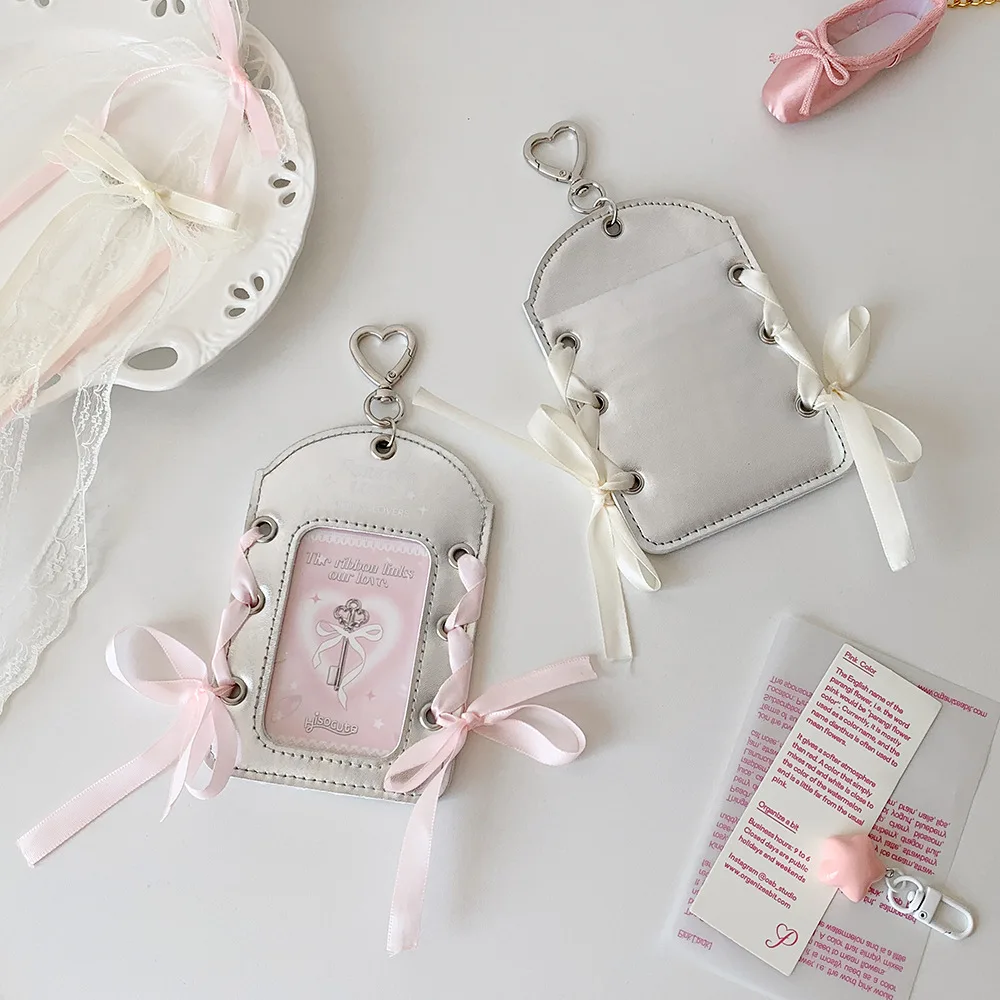 Ins الكورية نمط الدانتيل متابعة حامل البطاقة الجلدية حافلة بطاقة البنك بطاقة الهوية واقية عرض الأكمام حقيبة فتاة قلادة هدية #4