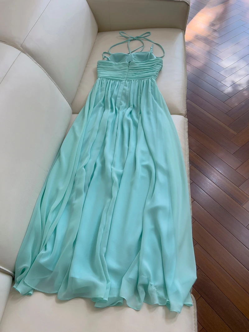 

Пляжное синее длинное платье Dr ter Ne на бретельках для похудения с высокой талией, корейская свадебная вечерняя юбка трапециевидной формы