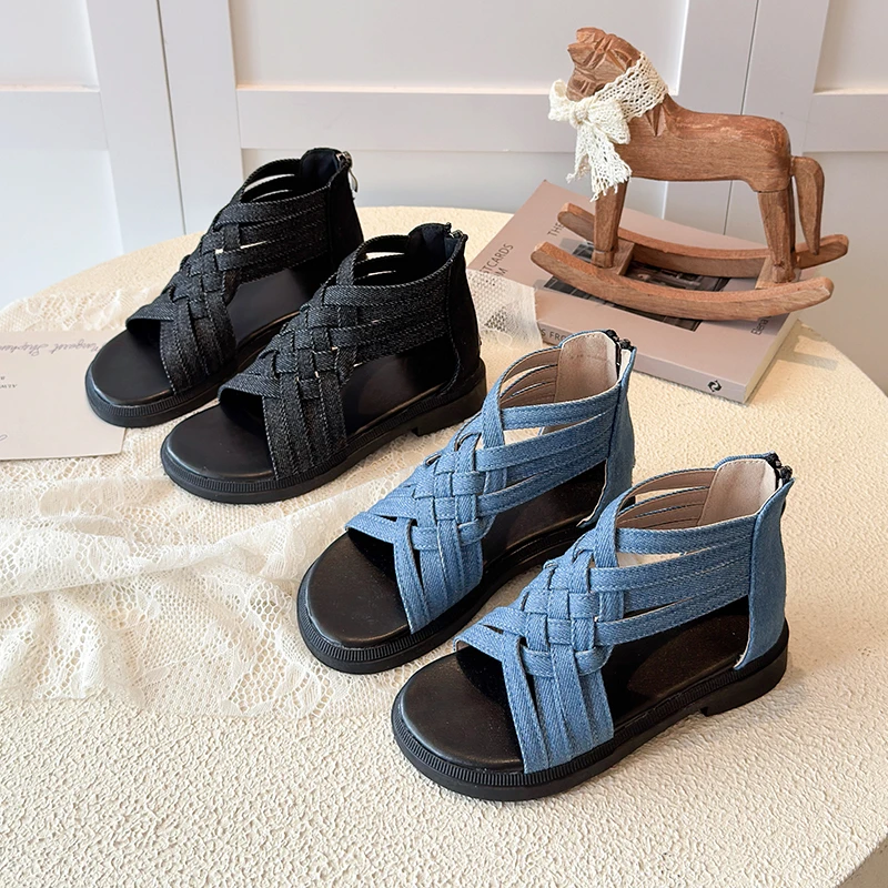 Picture 3: Trendy Denim Woven Sandals for Girls  Braided Jean Shoes Big Kids Outdoor & Daily Casual Sandals for Big Kids