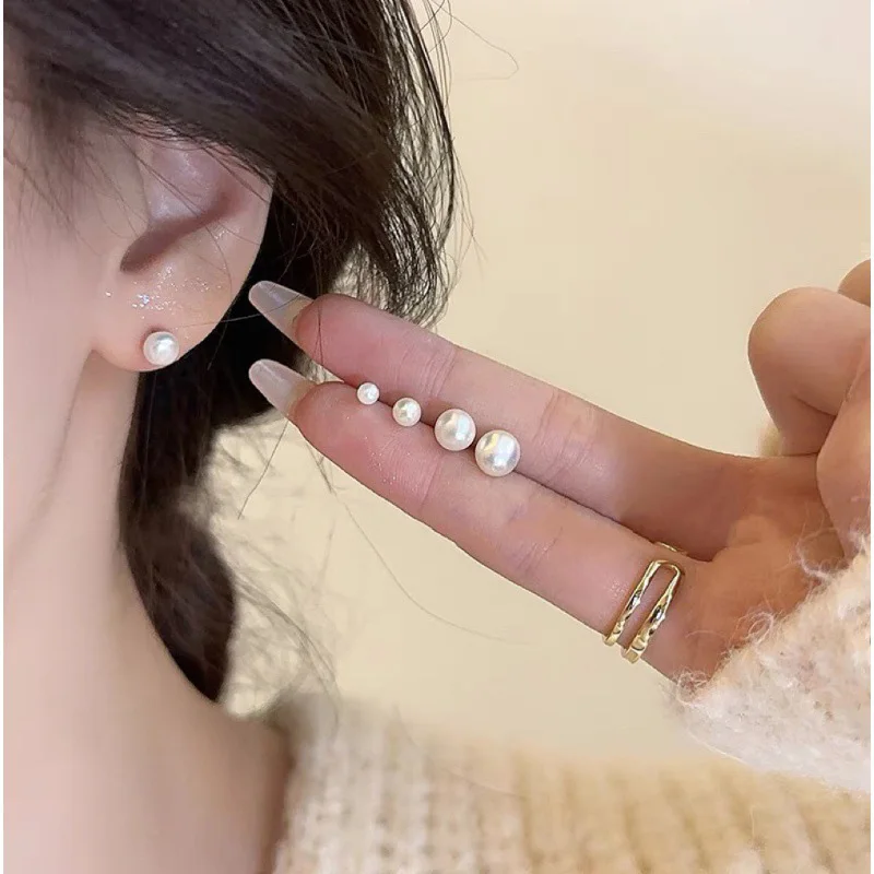 

925 Sterling Silver 3/4/5/6/8/10/12/14MM Artificial Pearl Mini Stud Earrings For Women Classic Fine Jewelry Piercing Bone Ear