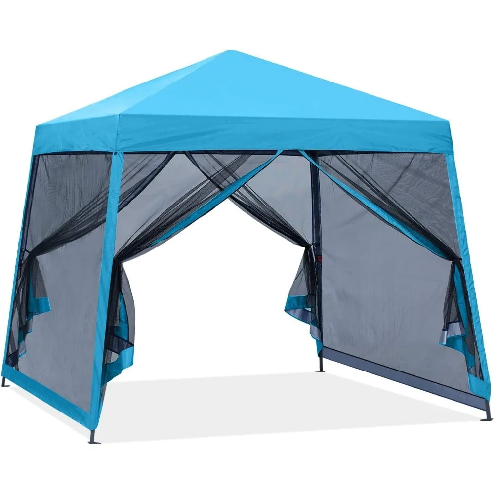 

10x10 Pop Up Canopy Tent with Screen Netting, Slant Leg, Instant Folding Shelter, 64 Sq Ft Shade, One Person Set up, Light Blue