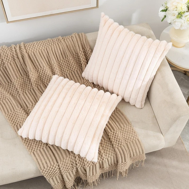 Pillow Cover Faux Rabbit Fur Square Cushion Big Thick Striped Super Soft Solid Color  45x45cm Sofa Decor Cushion Cover
