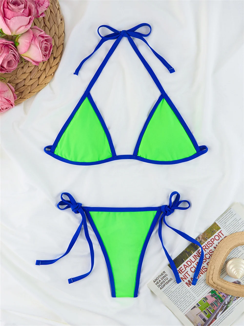 Triangle Green String Extrem Bikini Border Swimsuit Halter Backless Y2K Swimwear Women Beach Micro Tangas Bathing Suit Sexys Set