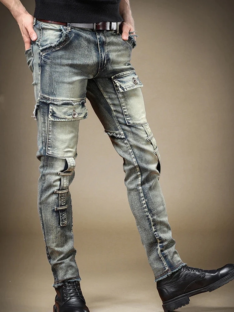 Fashion Men\'s Pants High Quality Pockets Stretch Y2k Jeans Vintage Blue Moto Denim Trousers Autumn Streetwear Men\'s Clothing New