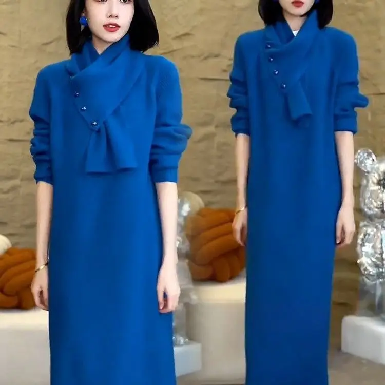 V-neck Solid Sweater Dress Women's Loose Knee Length Knitted Dress 2026 Autumn Winter New Button Scarf Long Knit Sweater Dress