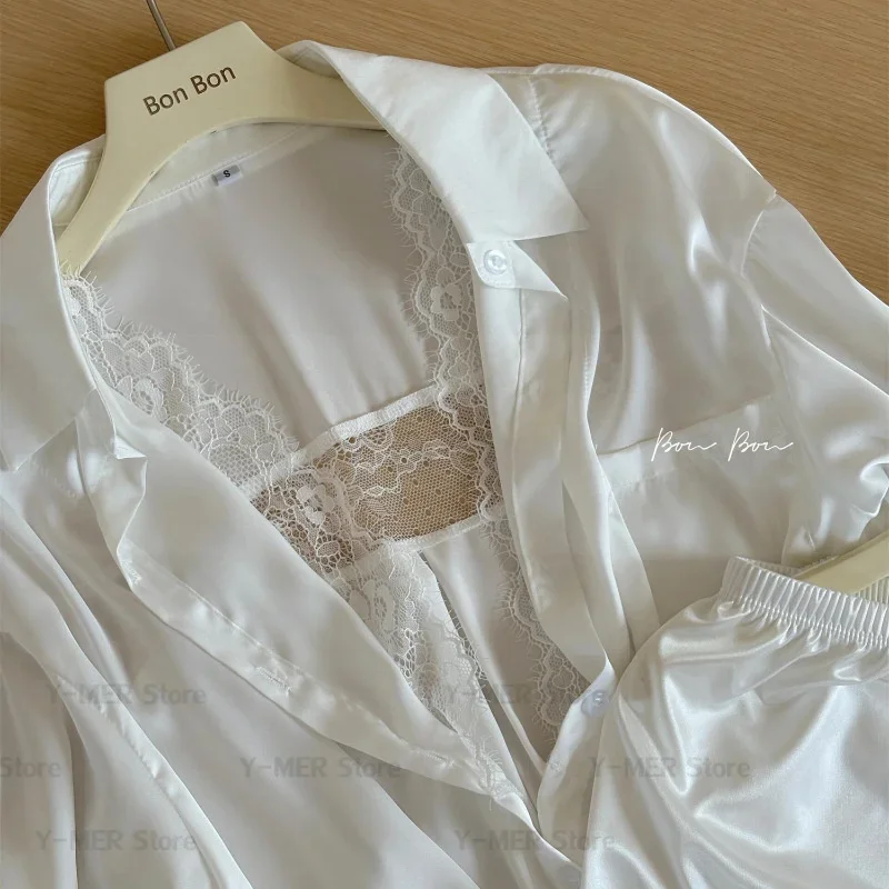 White Lapel Shirt Shorts 2Pcs Pajamas Female Satin Sleepwear Sexy Lace Trim Homewear Nightwear Summer New Loungewear Lingerie 4