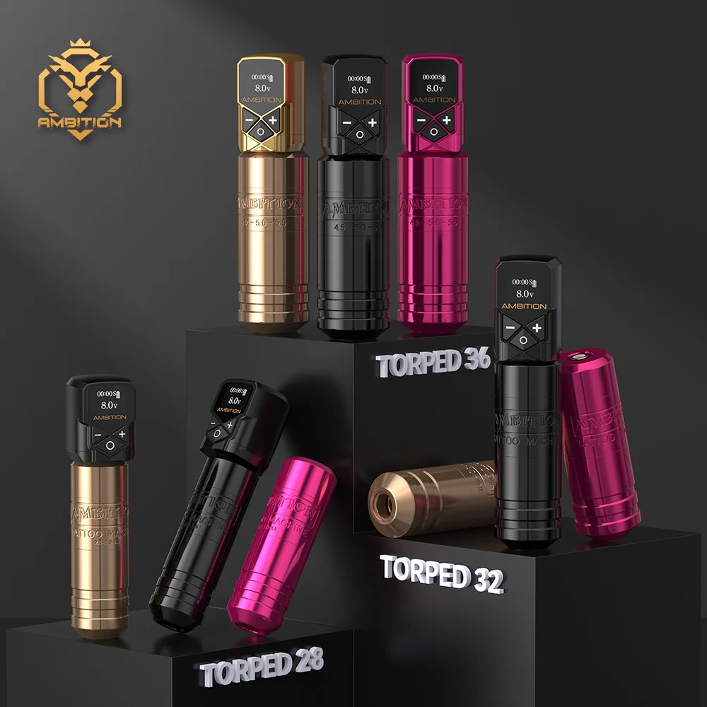 Ambition Torped Rotary Tattoo Machine Pen Stroke 2.5-5.5mm Brushless Motor 3 Size 28mm 32mm 36mm With RCA Kuark Wireless Battery