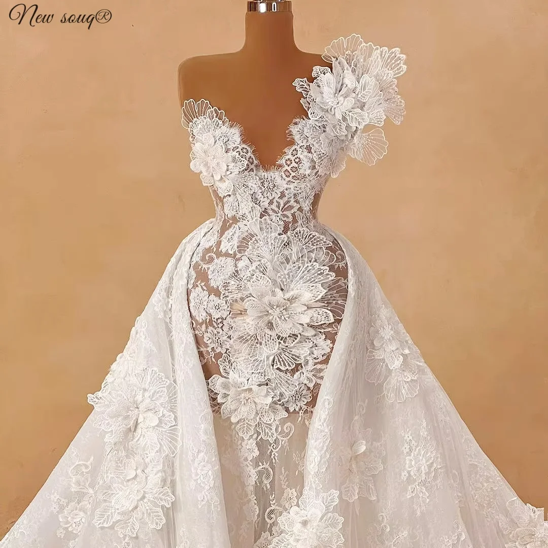 Elegant Lace Ivory Mermaid Evening Gown One Shoulder 3D Flower Appliqué with Removable Train Bridal Wedding Dress Customized