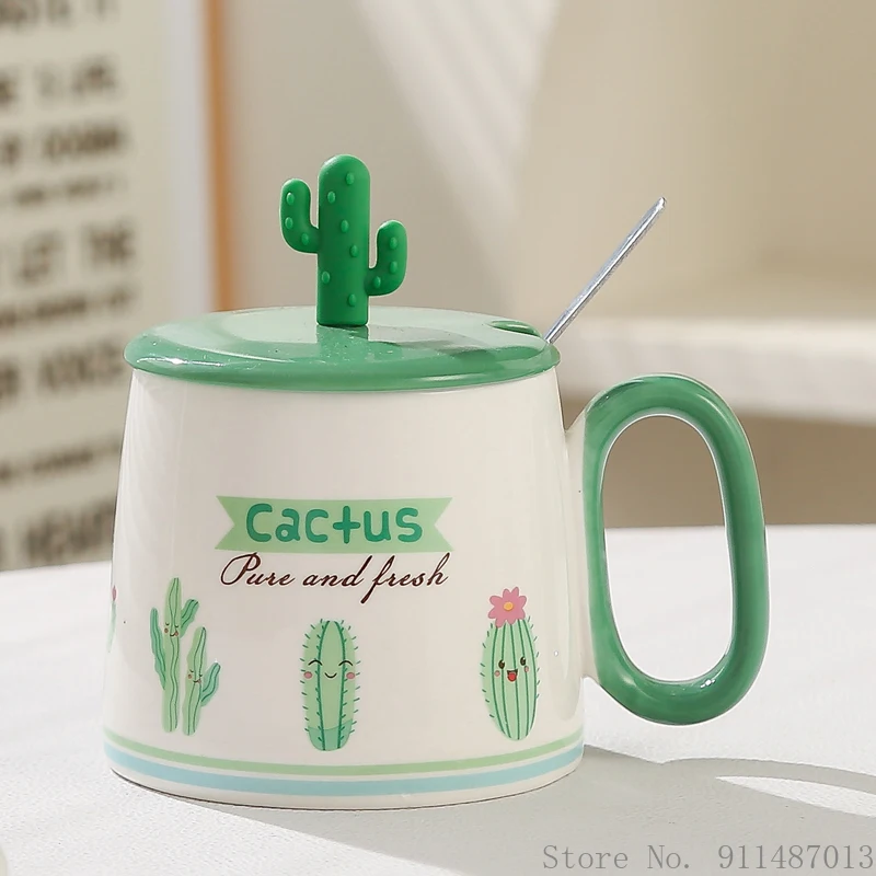 Cartoon Cactus Shape Mug, Ceramic Mark Cup, Cover Handle Spoon Breakfast Coffee Milk Tea Fruit Juice Household items, 380ml, 1Pc