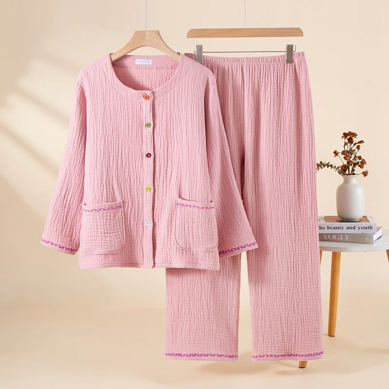 Spring Autumn Women Sweet  Simple Pajama Sets Female 100% Cotton Sleepwear Suit Women Round Collar Shirt & Pants Home Clothes