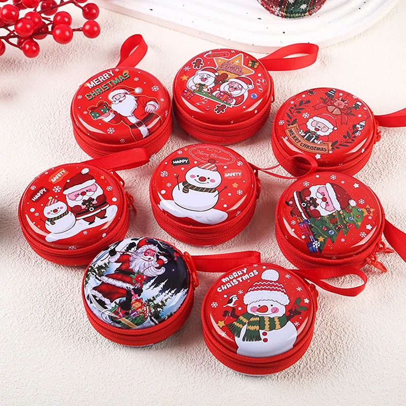 Christmas Pattern Tinplate Coin Wallet Creative Round Square Candy Earphone Storage Women's Bag Pendant Gift