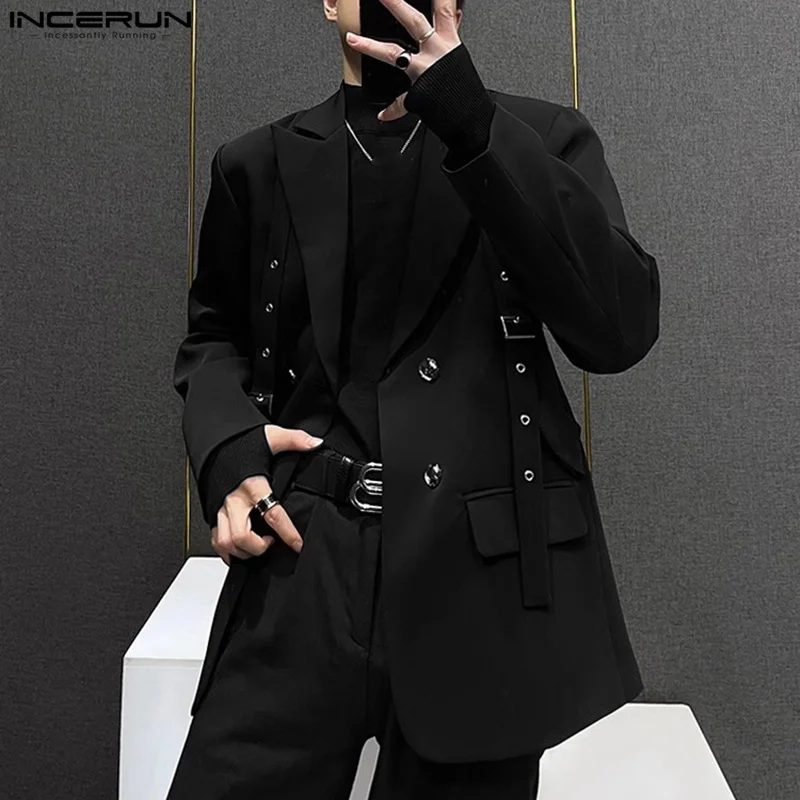 INCERUN Korean Fashion Men Blazer Casual Long Sleeve Solid Tops Pocket Button Steetwear Male Outfits Well Fitting Vintage Coats