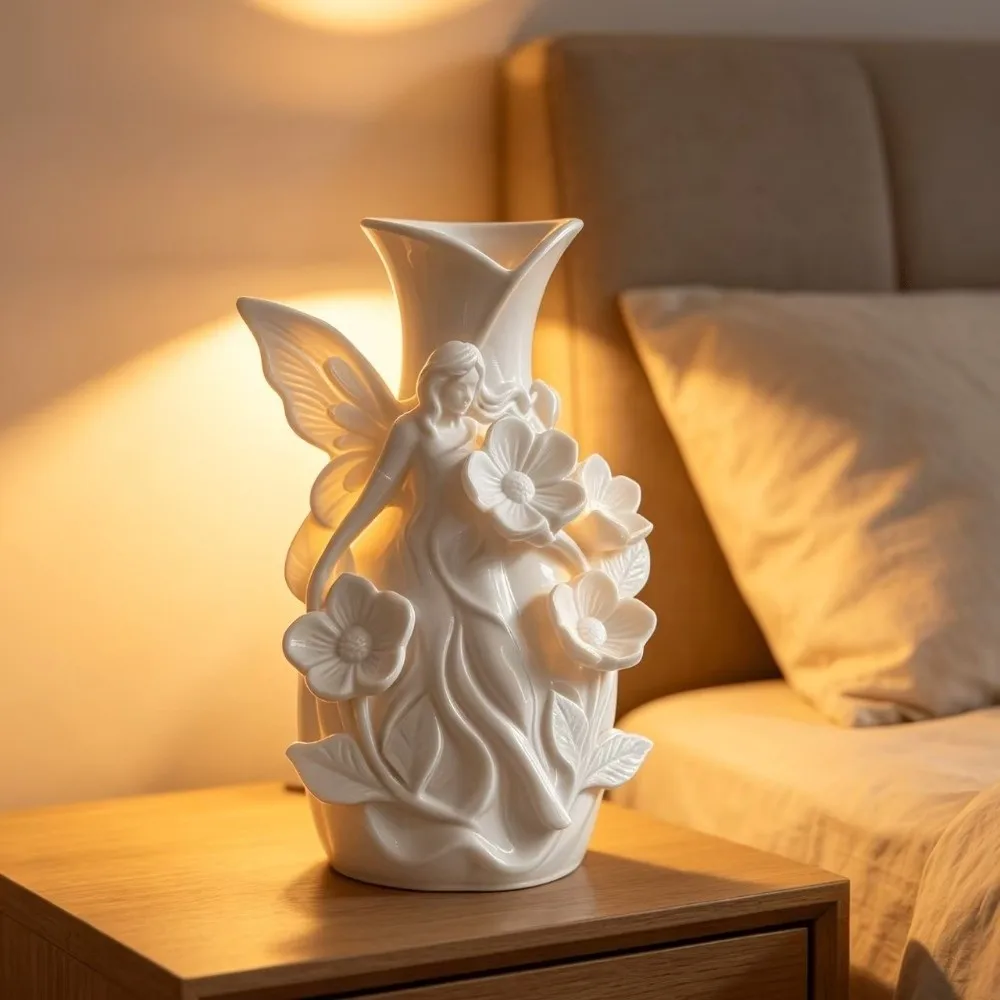 Cute 3D Printed Fairy Vase Artistic Shape Forest Style Elf Emboss Vase Flower Arrangement Decoration Floral Container Office