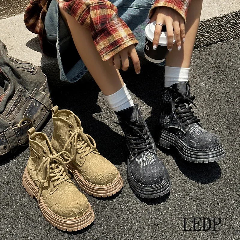 LEDP Brand Design Washed Denim Ankle Boots Women 2024 New Thick Soles Increase Yellow Short Cylinder Style Retro Work Boots