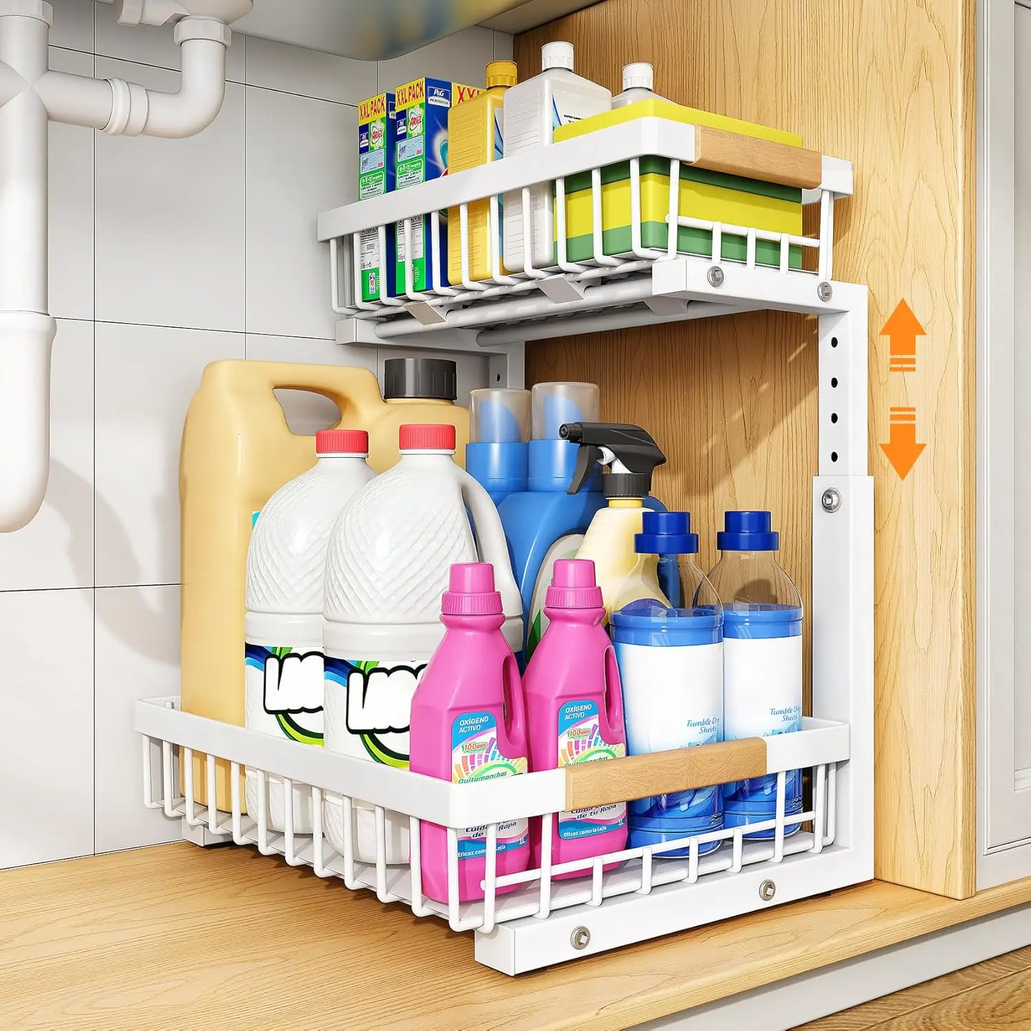 

Under Sink Organizer, Adjustable Height, 2 Tier Pull Out Under Cabinet Organizer, Slide Out Thickened Metal Under Sink Storag