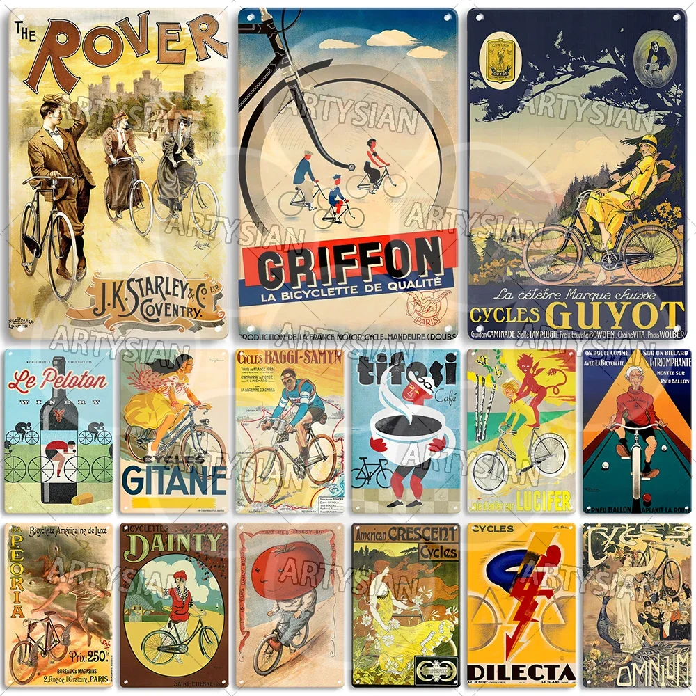 Francia Bicicleta Anuncios Letrero de metal Ciclos Marcot American Crescent Petit-Breton Dilecta Omnium Rover Peugeot La Peoria Griffon Gitane
