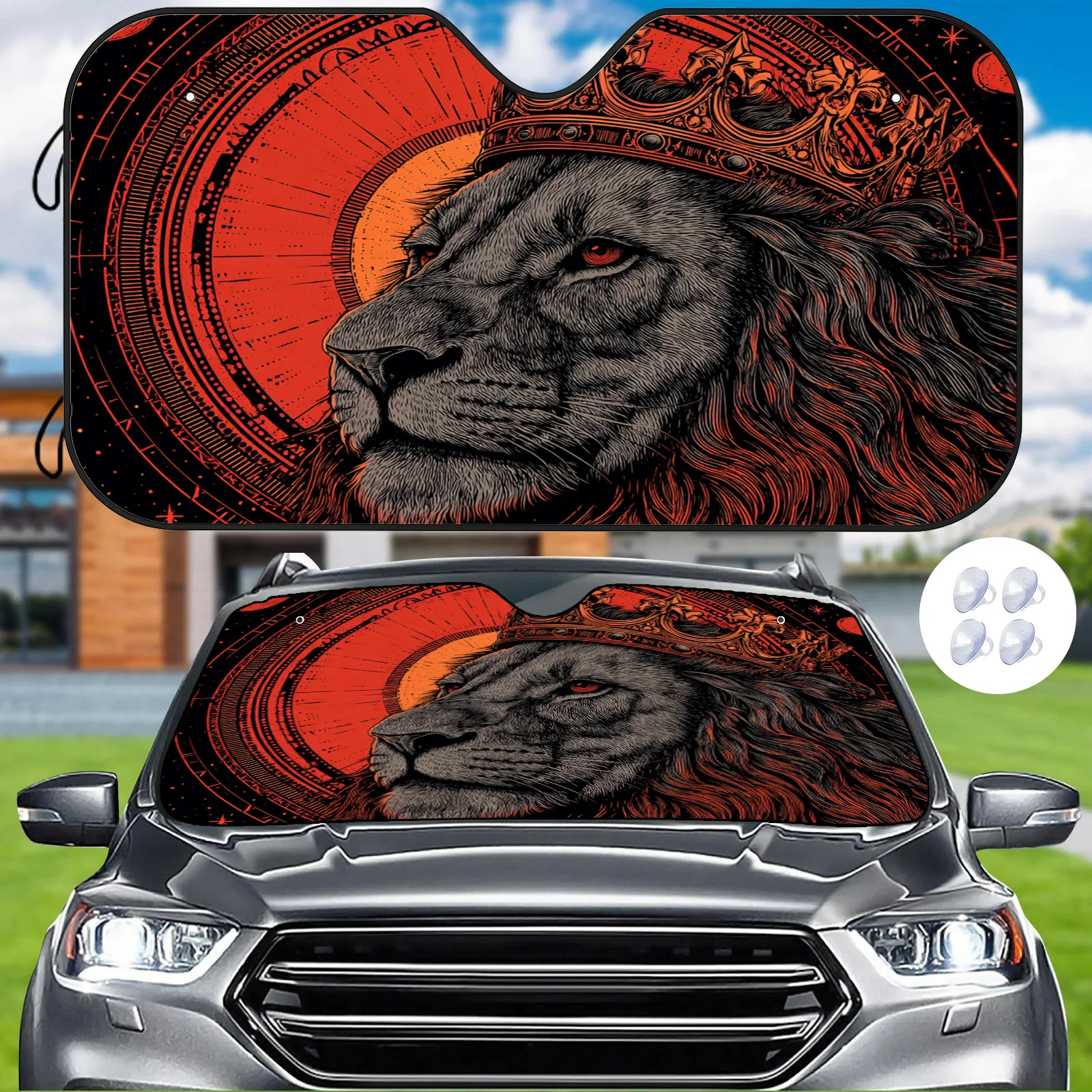 Red Glow Crown Lion Car Sunshade, Trendy Illustration Style, Heat Insulating And Heat Resistant, Stabilizes In-car Temperature,