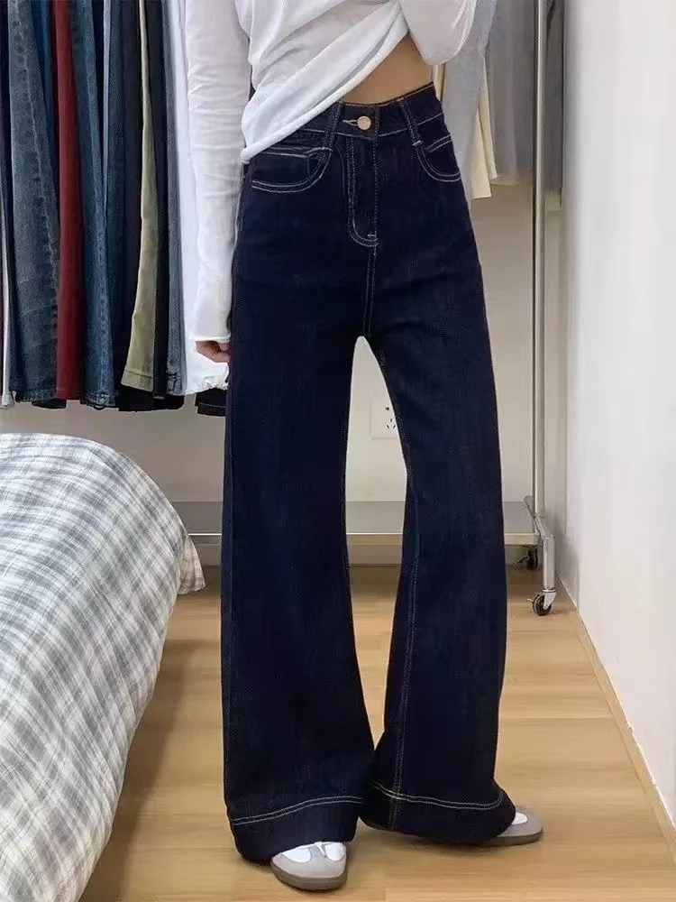 Herfst Lente Rechte Jeans Vrouwen Denim Broek Vintage Denim Broek Mode Vrouwelijke Bule Wijde Pijpen Jeans Casual Broek