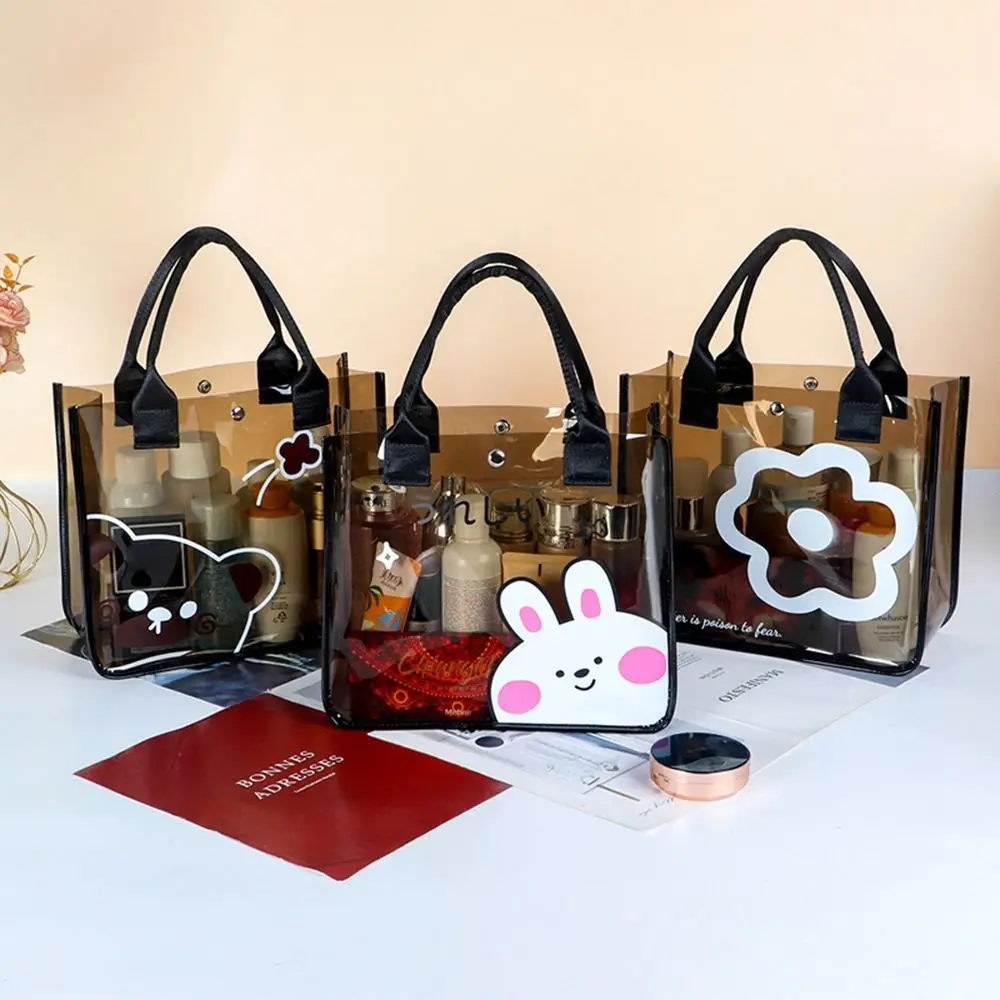 

Portable Clear Beach Tote Bag PVC with Zipper Transparent Bag Multipurpose Flower Cartoon Wash Bag Women