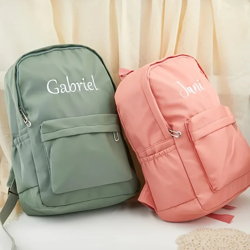 Embroidered custom - College-style backpack, made of solid colour high-quality fabric, large capacity, stylish and simple fresh.