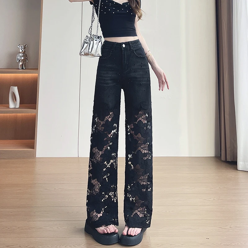 KSTUN Summer Women Black Lace Hollow Out Beaded Embroidery Jeans High-waisted Stretchy Narrow Version Straight Denim Trousers