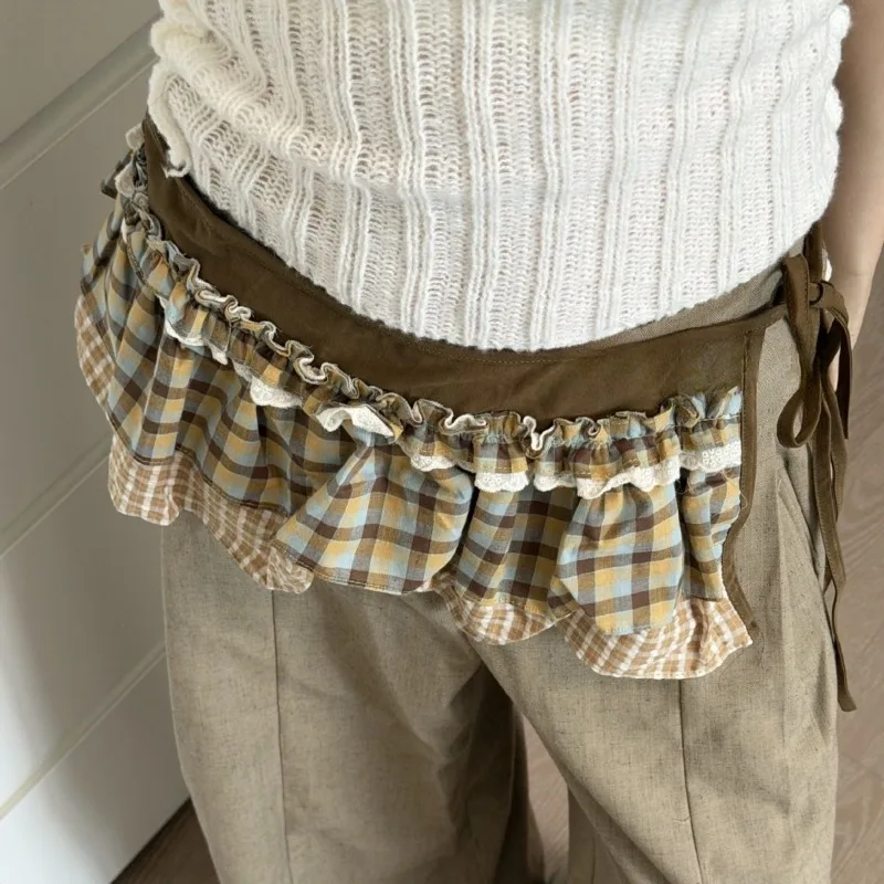 Vintage Plaid Lace Ruffle Waist Apron Skirt Cottagecore Layered Decor Half Skirt Sweet Lolita Gingham Frill Overlay Mini Skirt