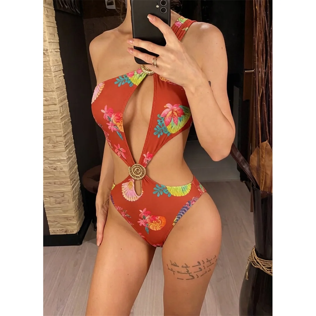 Blumenmuster, asymmetrischer Schnitt, einteiliger Badeanzug für Damen, One-Shoulder-Design, mit Ausschnitten, Monokini, Badebekleidung, Badeanzug, Modell V8370. – Detail 6