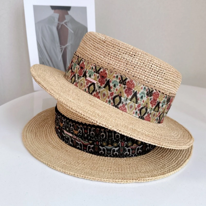 Bohemian Style Printed Ribbon Flat Top Hat For Women Summer Sun Protection Straw Hat Handmade Rattan Crochet High End Beanie Hat