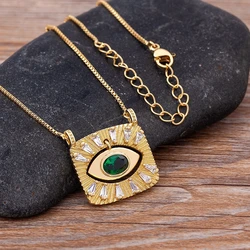 AIBEF New Creative Design Golden Zircon Turkish Evil Eye Square Pendant Necklace Women's Hip Hop Street Jewelry Party Lucky Gift