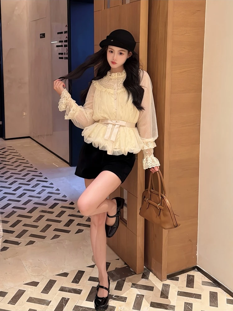 

Dry Vintage Doll Sensation Lace Babydoll irt with Flounce Collar Nylon Fabric Court Sve Long Sve Women's irt