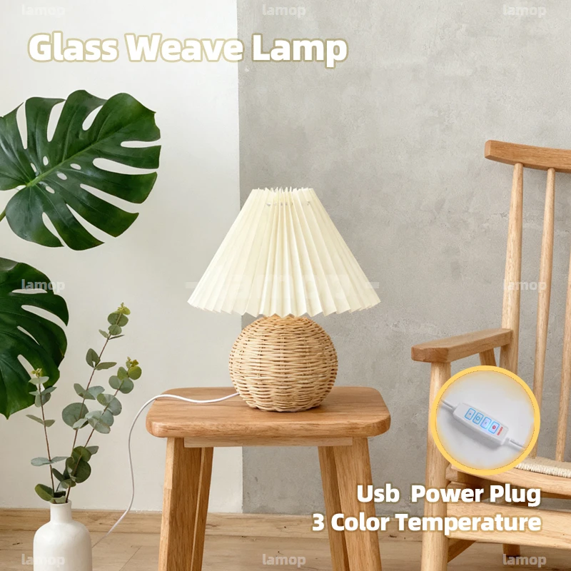 Rattan Sphere‑Base Pleated‑Umbrella‑Shade Table Lamp Cottage‑Warm 3 Tone Soft Aura Bedroom Tea‑Corner Study Shelf Decor