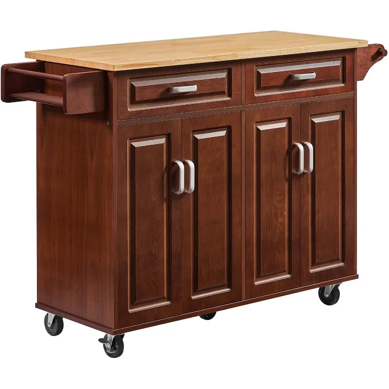 

54-дюймовый кухонный остров на колесах, большая кухонная тележка со шкафом для хранения, портативный деревянный островной стол с 2 ящиками