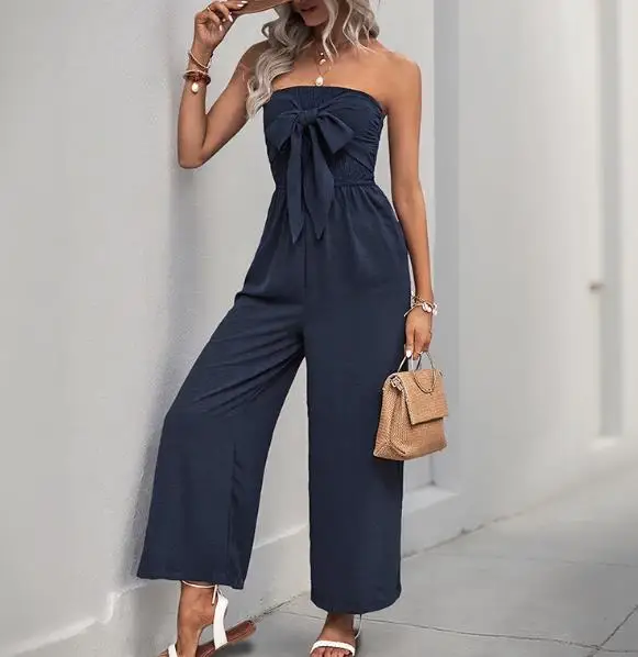 2025 Nuova tuta senza spalline stile vacanza estiva Tuta senza spalline con papillon per donna
