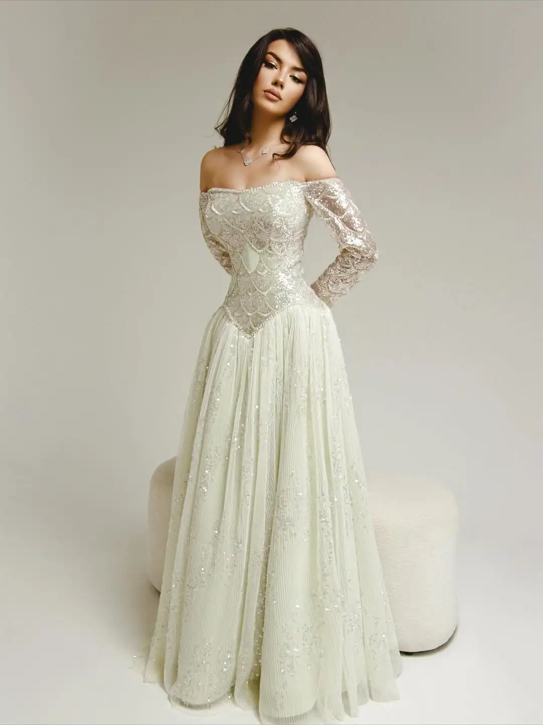 

Ofherown Роскошные вечерние платья с блестками и бисером трапециевидной формы с открытыми плечами и длинными рукавами, платье для выпускного вечера, платья de fiesta для свадебной вечеринки