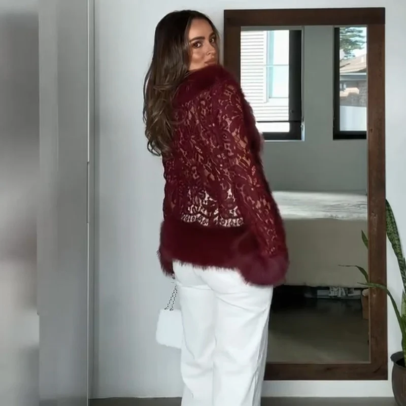 Modischer Wintermantel aus Kunstpelz mit Spitzen-Patchwork und Blumenmuster, Langarm, Damen-Oberbekleidung, Schicke Damen-Streetwear für Partys, Herbst 2026 – Detail 15