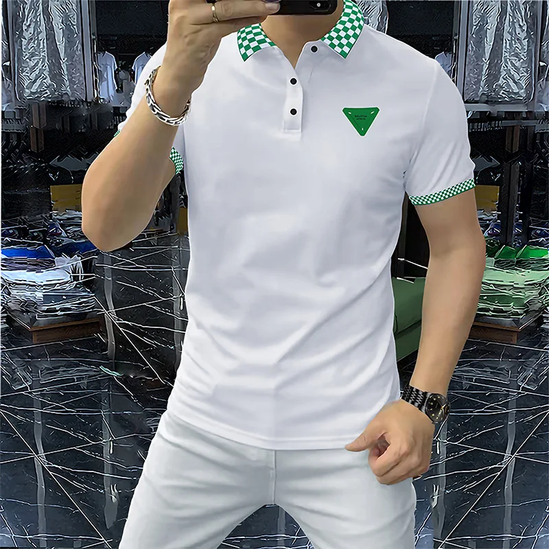 Summer New Men's Short Sleeved Polo Shirt Casual Versatile Plaid Pattern Lapel T-shirt Spot Slim MaleTop Breathable Clothing 4XL