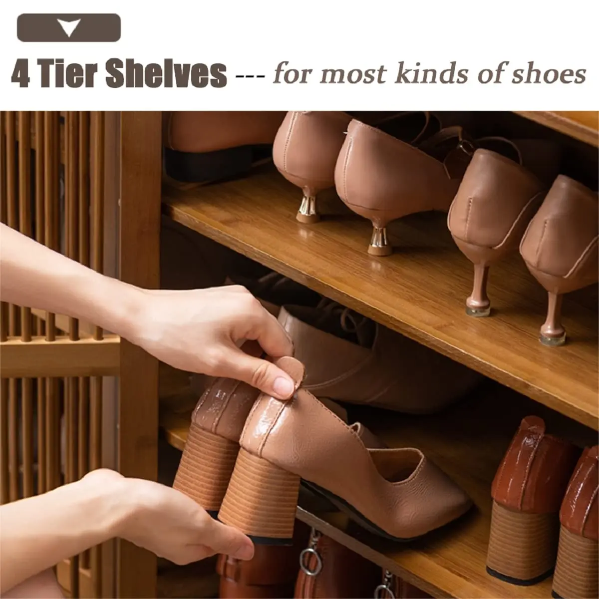 منظم خزانة تخزين الأحذية من الخيزران Gdrasuya10، خزانة أحذية للمدخل 4 طبقات منظم رف الأحذية مع أبواب مناسبة لـ H