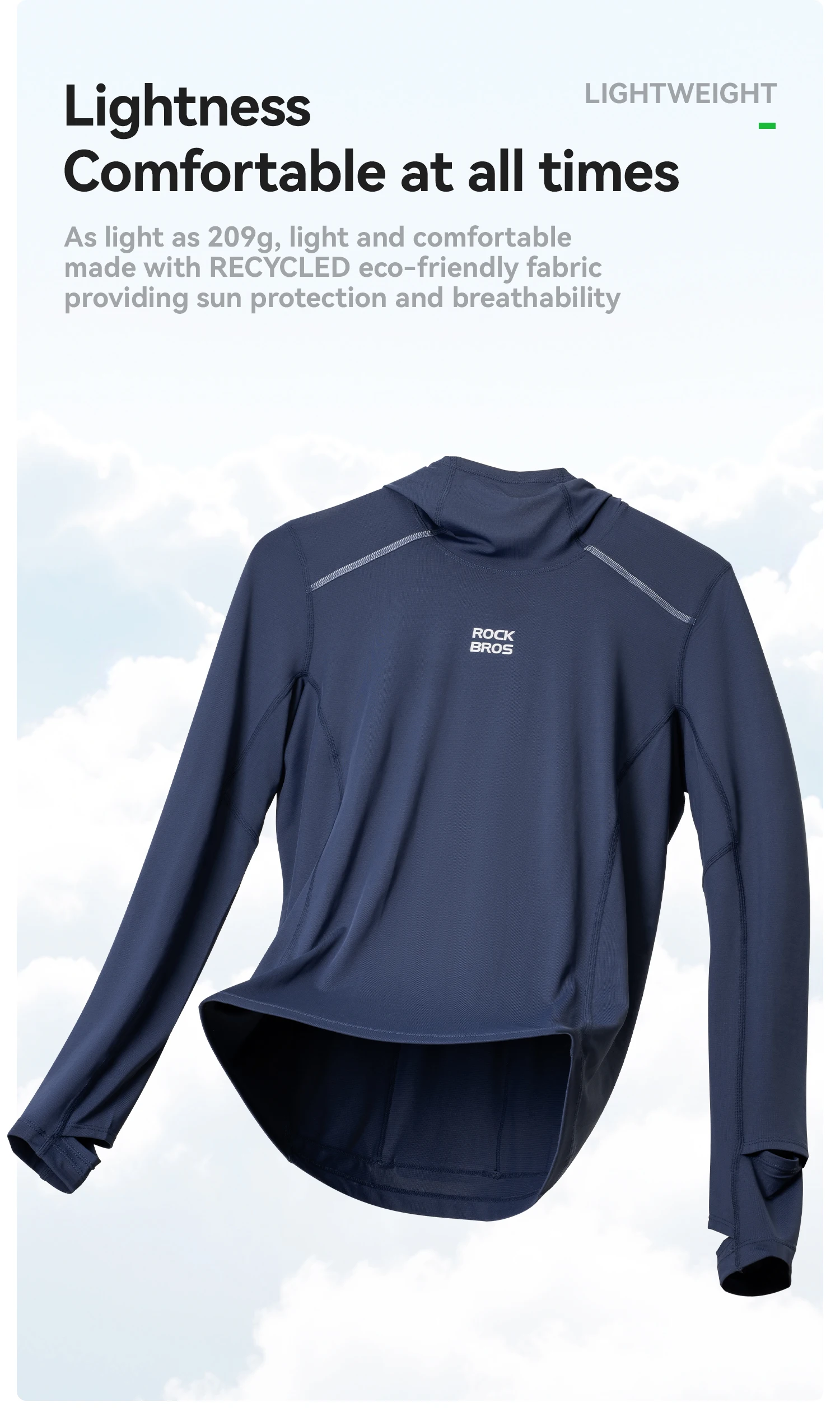 ROCKBROS Kapuzen-Sweatshirt mit langen Ärmeln, atmungsaktiv, sonnenschützend, für Fitnessstudio und Sport, aus umweltfreundlichem Stoff, schnelltrocknend, Fahrradbekleidung. – Detail 6