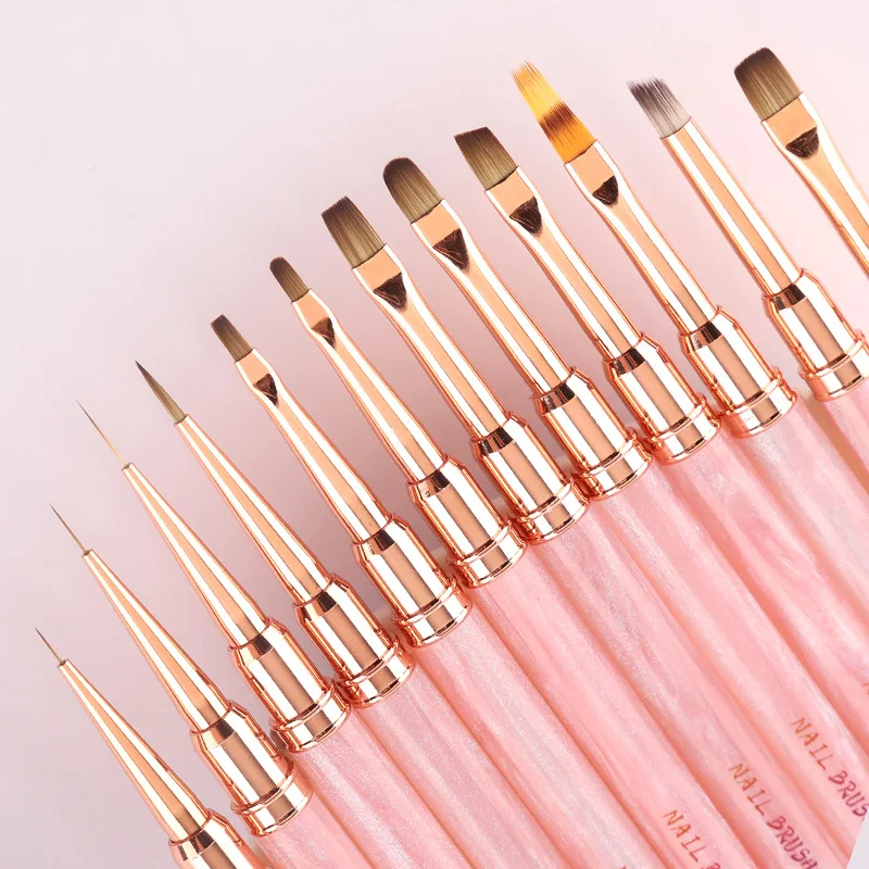 1/12個入り ピンク アクリルネイルブラシ ジェルブラシ マニキュア用 アクリル UVジェル エクステンションペン ネイルポリッシュ ペイント 描画ブラシ ライナー