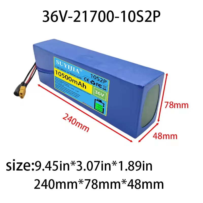 10.5Ah 21700 Lithium Battery Pack 10S2P 36V 5C Power Rechargeable 650W for Electric Scooters Bicycle Motorcycle, SYP T JST XT60