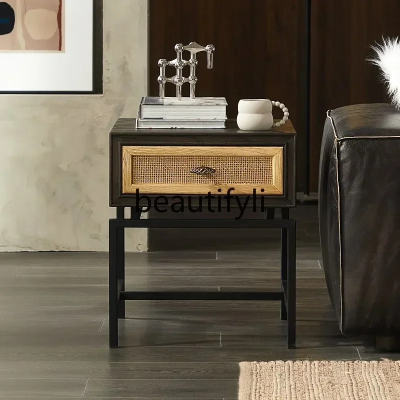 Hot sales Nordic modern simple retro medieval solid wood edge table living room coffee table bedroom rattan bedside table
