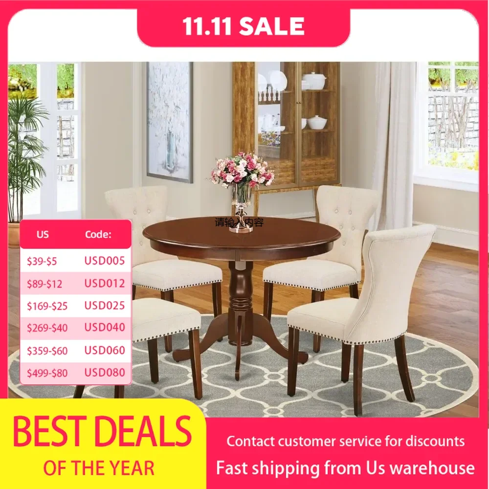 HLGA5-MAH-32 5-Piece Dining Room Furniture Set, One Round Dining Table with Pedestal and 4 Light Beige Linen Parsons Chairs