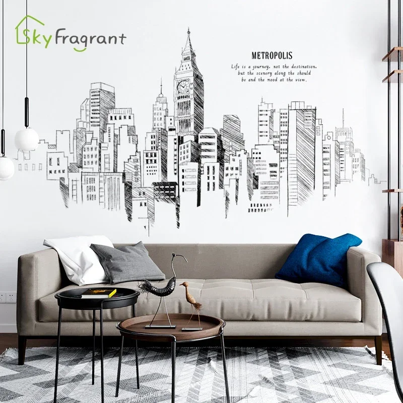 Simple Line Wall Sticker Creative Modern City TV Sofa Background Self-adhesive Home Decoration Porch Living Room Decor Stickers