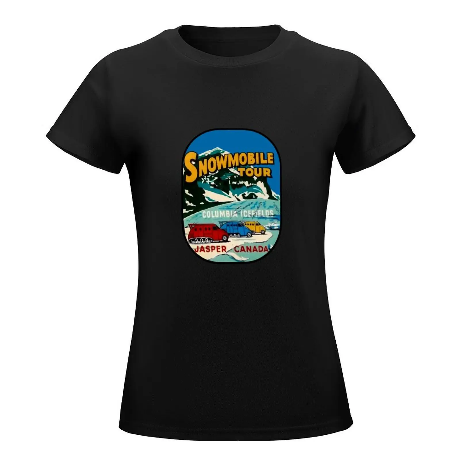 Jasper Snowmobile National Park Vintage Decal T-Shirt, Économie de médicaments d'été, Économie graphiques pour femmes