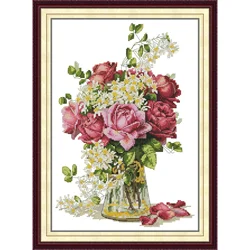 Joy Sunday Pre-printed Cross Stitch Kit  Easy Pattern Aida  Stamped Fabric Embroidery Set-Rose Vase