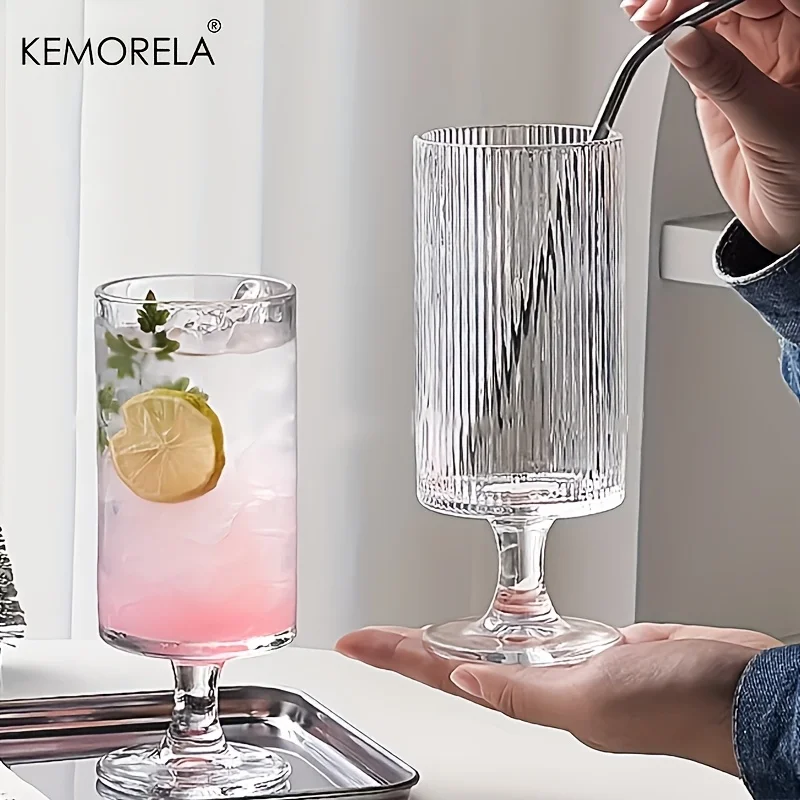 KEMORELA 1pc Elegant High-Foot Glass Cup Vertical Striped Design - Ideal for Iced Coffee Latte Juice & Wine - Reusable Glass