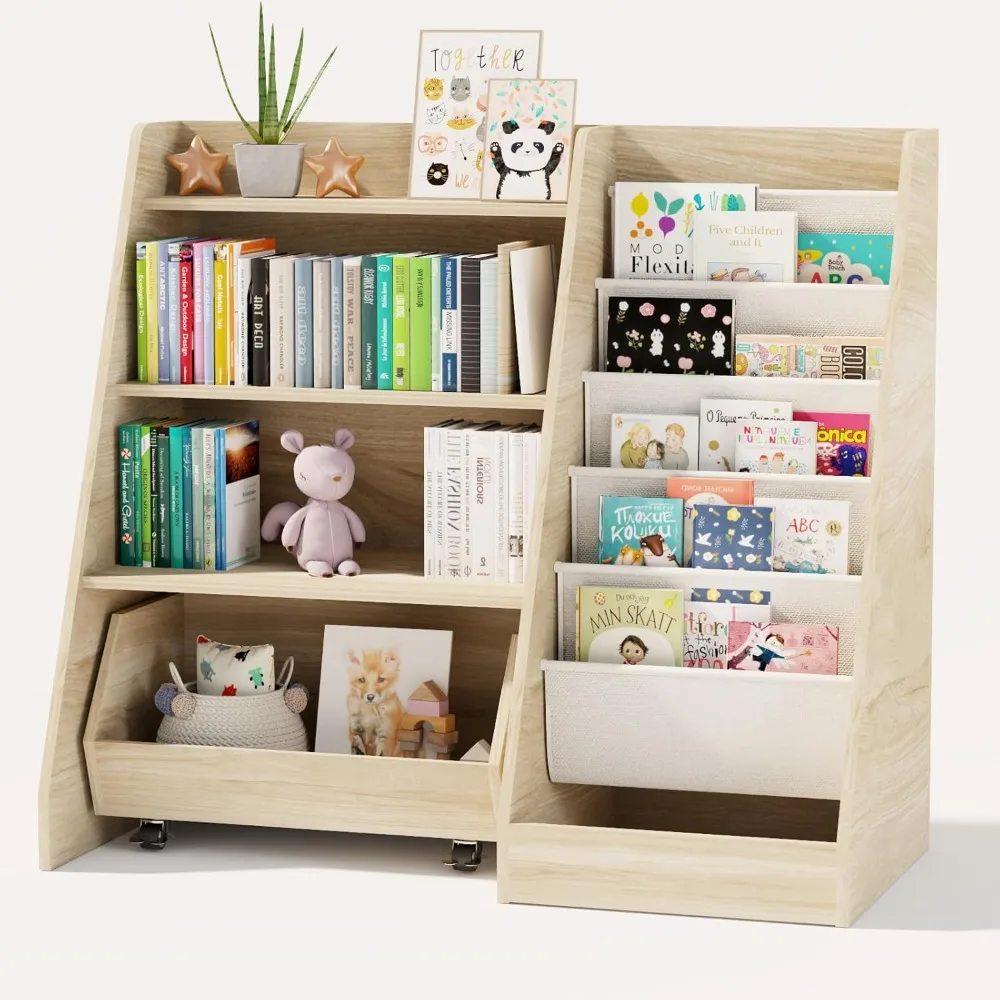 4 Tier Kids Bookshelf with Toy Storage Movable Drawer and 5 Sling Pockets Montessori Book Rack for Nursery Playroom Oak