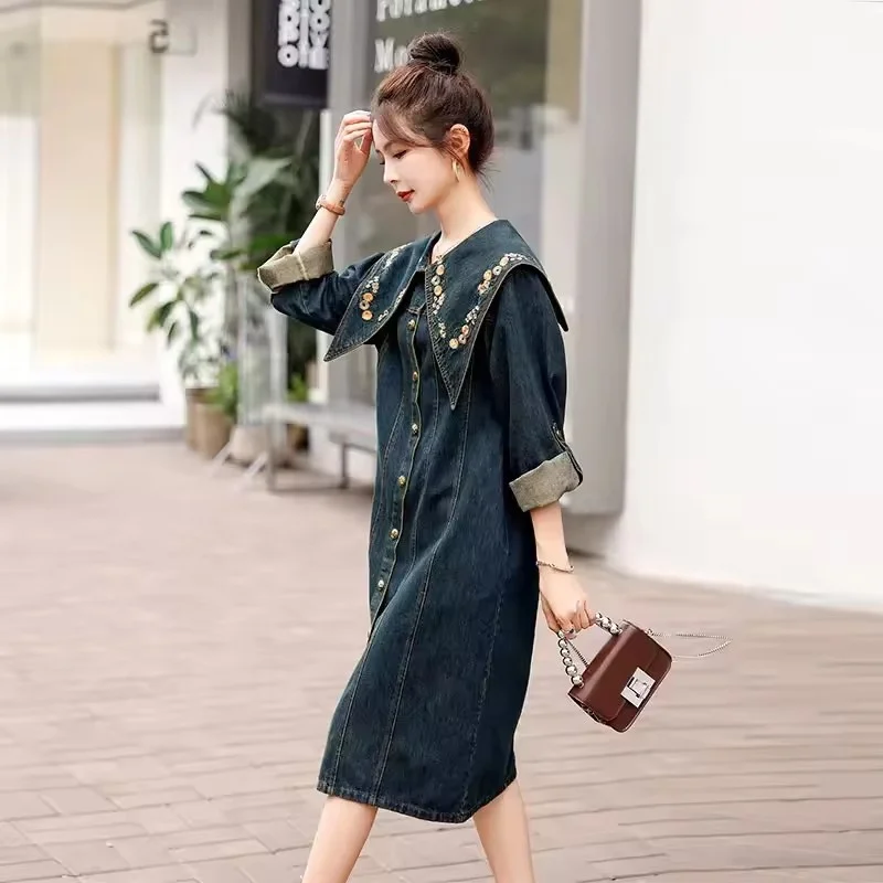 Autumn Denim Dress Women Retro Embroidered Long Sleeves Jeans Dress Ladies Doll Collar Dress New High-end Exquisite Denim Dress