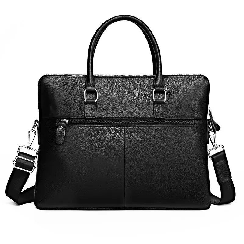 Men Black Genuine Leather Business Briefcase Large Capacity Cowhide Laptop Bag Shoulder Messenger Bag with Strap